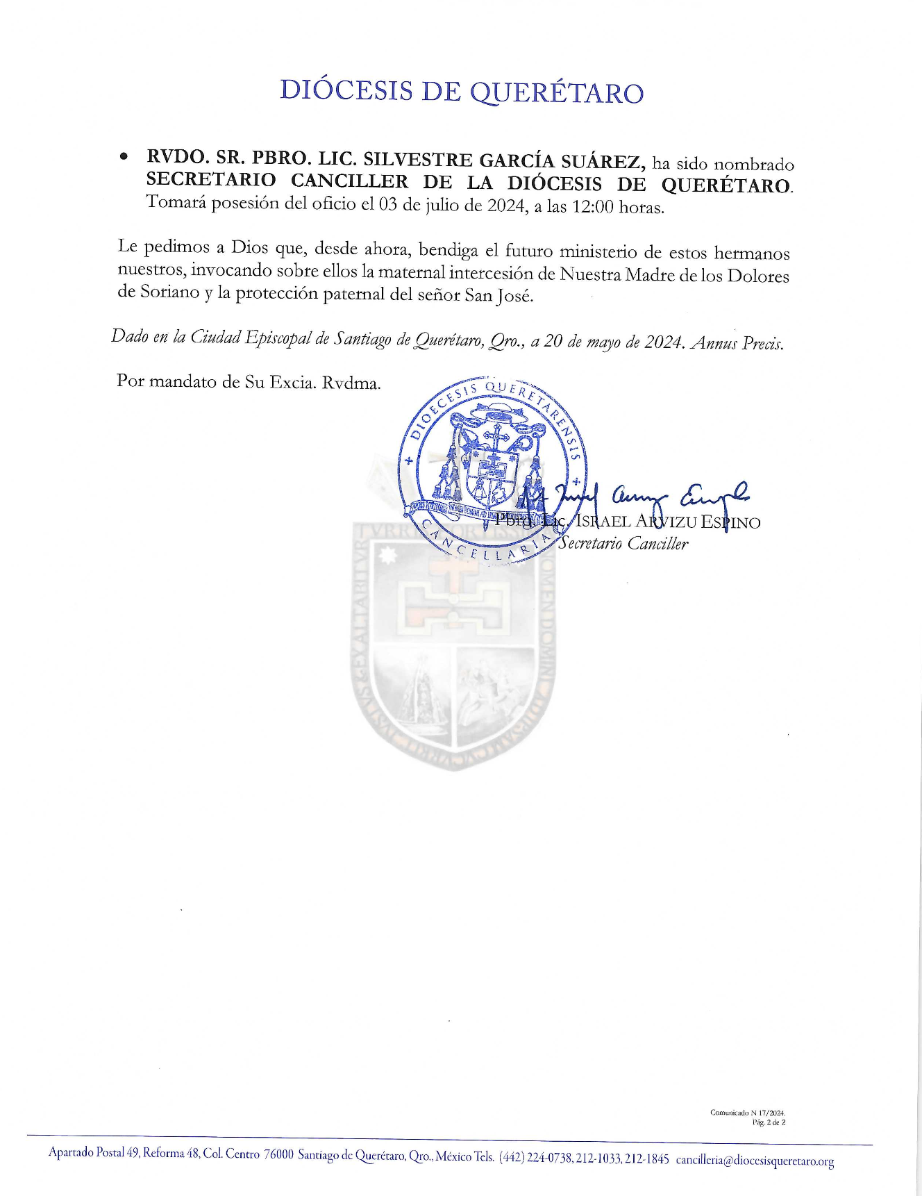 COMUNICADO N. 17/2024. Sobre algunos traslados y nombramientos sacerdotales y otros oficios eclesiásticos. 2